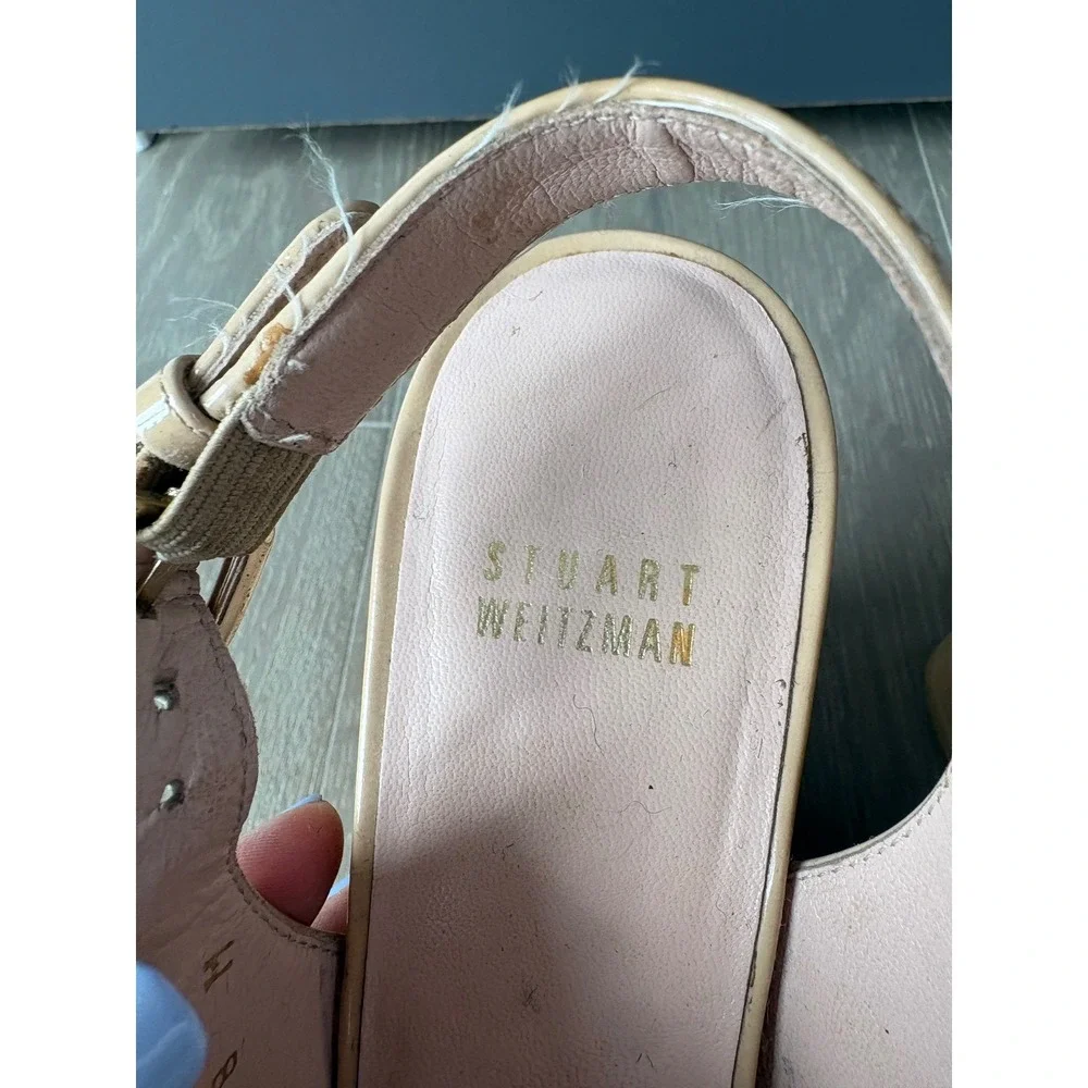 Stuart Weitzman Nude Patent Leather Espadrille Wedge Sandals Peep Toe 8M NW74419